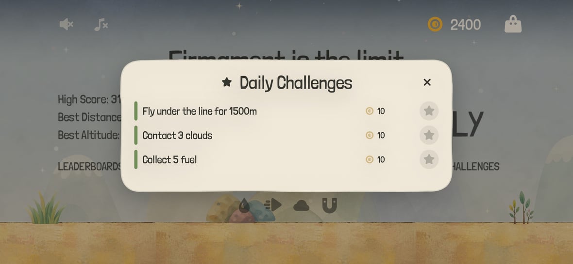 Firmament daily challenges panel over the menu