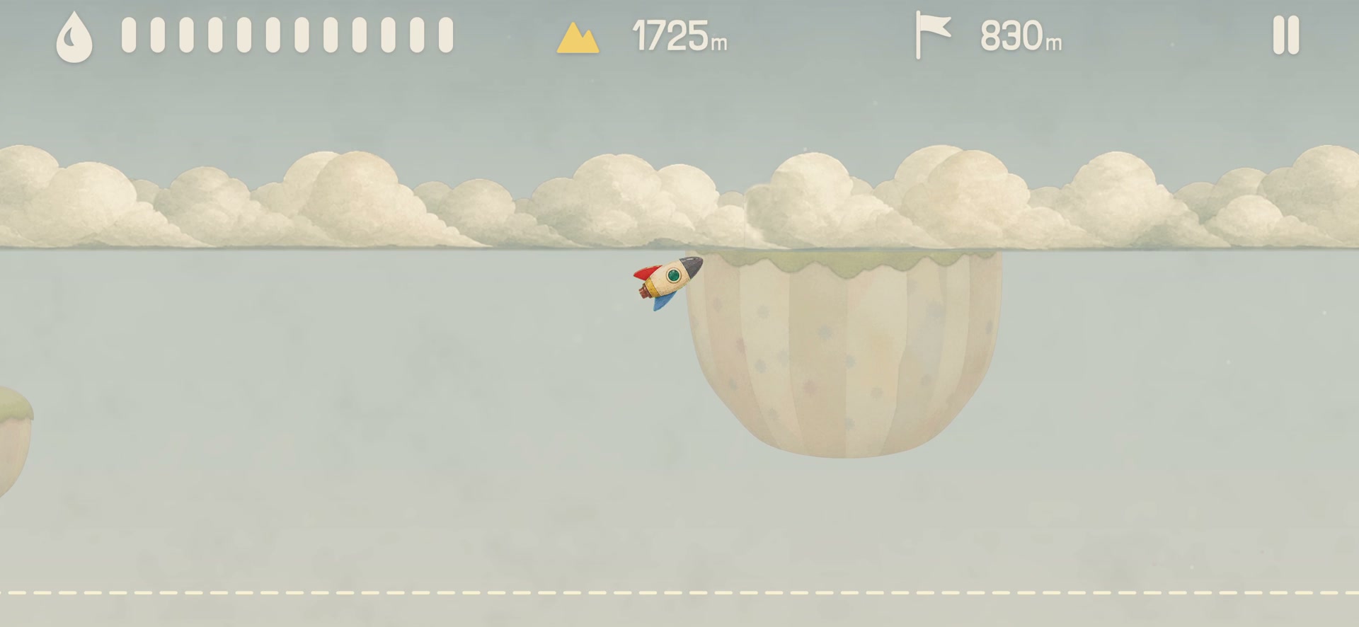 Firmament gameplay with the rocket flying beside the cloud-bank firmament line