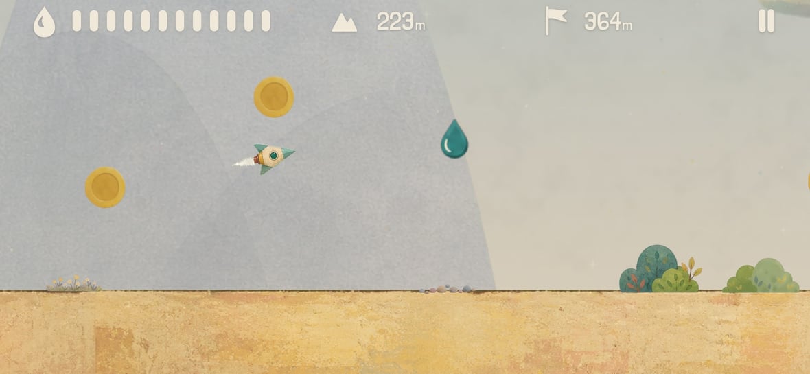 Firmament gameplay with the rocket pulling up near the ground, fuel, and coins